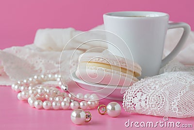 White pearls necklace on toilette table. Selective focus. Stock Photo