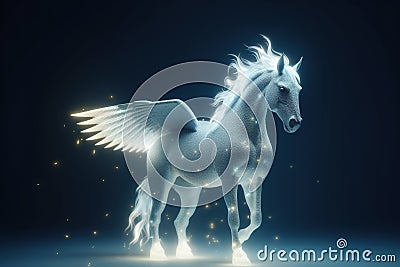 white pegasus covered in glowing lights, in a winter scene, minimalism abstract Christmas graphic design Stock Photo