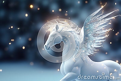 white pegasus covered in glowing lights, in a winter scene, minimalism abstract Christmas graphic design Stock Photo