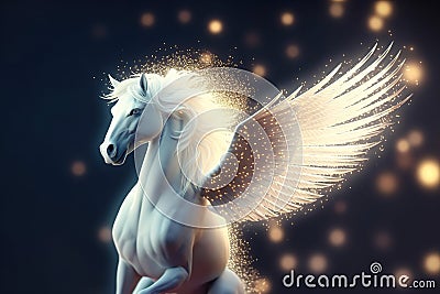 white pegasus covered in glowing lights, in a winter scene, minimalism abstract Christmas graphic design Stock Photo