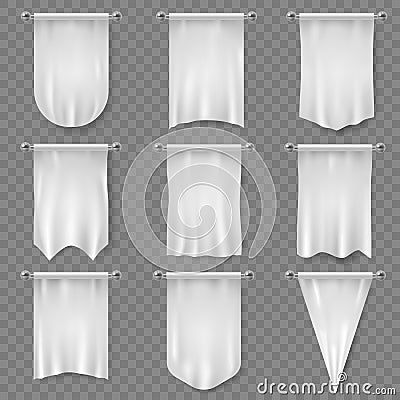 White pennant. Hanging realistic team pennants, canvas flags on wall. Blank football textile banners, royal award vector Vector Illustration