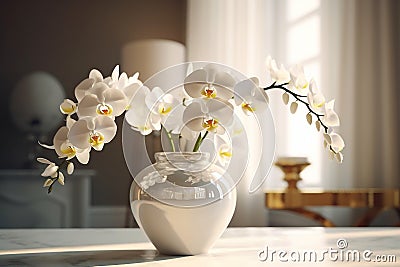 White Phalaenopsis orchid in a beautiful vase on a table in a classic interior. Stock Photo
