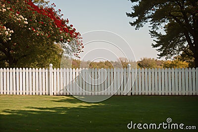 A white picket fence with climbing roses Stock Photo