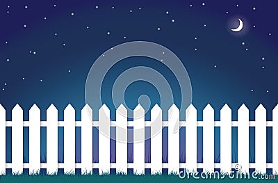 White picket fence at night Cartoon Illustration