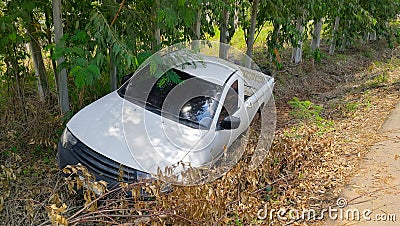 White pickup truck accident on street, countryside on bad Stock Photo