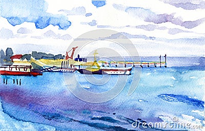 White pier in the blue sea. Summer sunny day. Watercolor seascape. Stock Photo