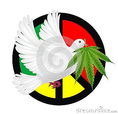 White pigeon flying with marijuanas and peace logo Vector Illustration