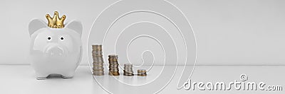 White piggi bank and stacks of coins on white background Stock Photo