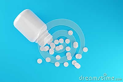 White pill tablets with white pill bottle over blue background, medical treatment, pharmaceutical or medication concept, flat lay Cartoon Illustration