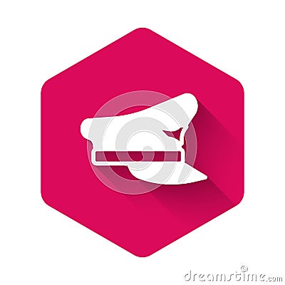 White Pilot hat icon isolated with long shadow background. Pink hexagon button. Vector Vector Illustration