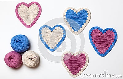 White Pink Blue Crochet Knitted Heart Stock Photo