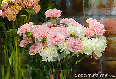 white and pink carnations close bouquet on showcase Stock Photo