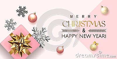 White and pink Merry Christmas and Happy New Year Holiday soft banner illustration with realistic vector 3d objects Vector Illustration