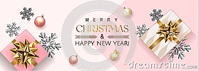 White and pink Merry Christmas and Happy New Year Holiday soft banner illustration with realistic vector 3d objects Vector Illustration