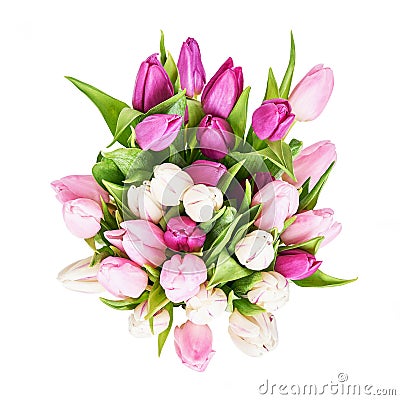 White and pink tulips bouquet isolated over white background. Copy space, view from above. Birthday, Mothers Day, Valentine Day Stock Photo