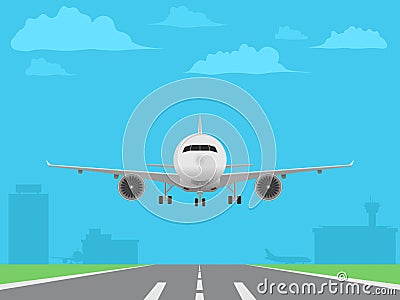 White plane landing on runway. Airport buildings Vector Illustration