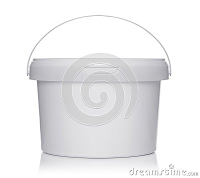 White plastic bucket with lid on a white Stock Photo