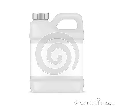 White plastic canister with blank label, vector mockup. Jug container with handle and screw cap, mockup. Large bottle package Vector Illustration