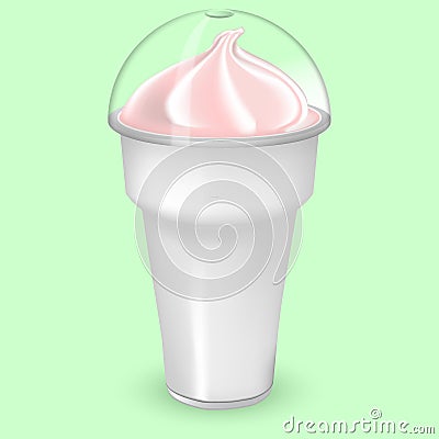 White plastic cup with pink ice cream or whipped milk with transparent cover isolated on light background. Mockup plastic cup Vector Illustration