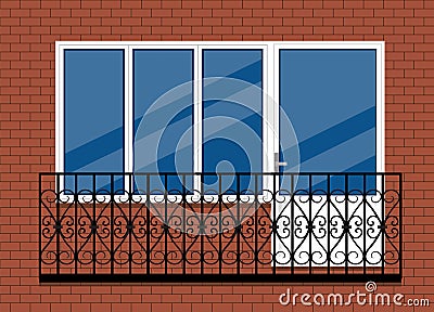 White plastic pvc window with door and balcony with black metal balcony rail, front view. isolated on a red brown brick wall Stock Photo