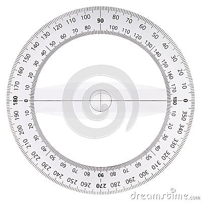 White plastic transparent protractor, isolated on white background Stock Photo