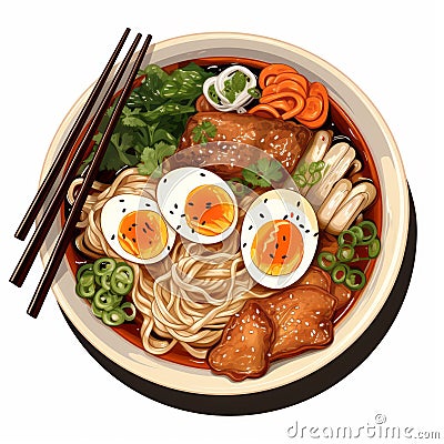 Highly Detailed Hand Illustrated Ramen Bowl In Aerial View Stock Photo