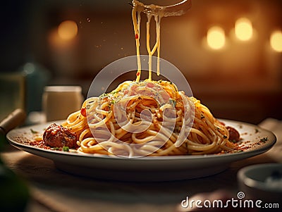 White plate containing a portion of spaghetti pasta. AI-generated. Stock Photo
