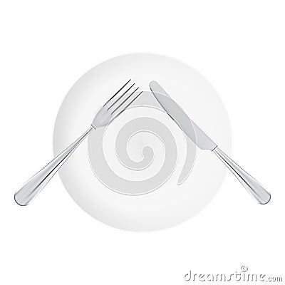 White Plate With Fork And Knife. Top View Isolated On A White Background. Vector Illustration