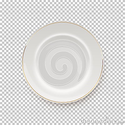 White plate with golden border on transparent background. Empty dish for dinner, breakfast or lunch vector illustration Vector Illustration