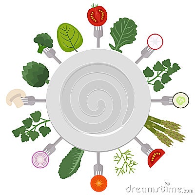 White plate with pieces of vegetables on forks Vector Illustration