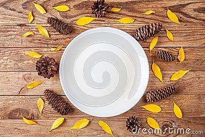 White plate surrounded pine cones and small yellow leaves on wooden background Stock Photo