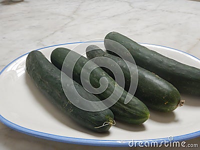 A dish with four cucumbers Stock Photo