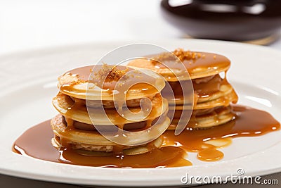 A white plate topped with pancakes covered in syrup. Generative AI image. Stock Photo