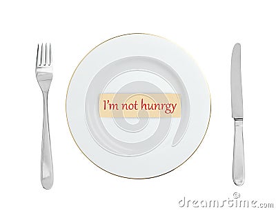 White plate with words I`m not hungry on white Stock Photo