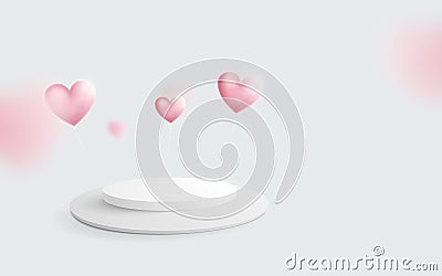 White podium with Heart balloons floating. Valentines day. 3d vector illustration Vector Illustration