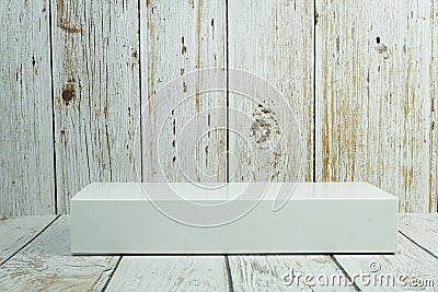 White Podium for product display on wooden background Stock Photo