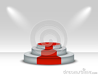 White podium with red carpet. winner pedestal with lighting on white background. podium scene with red carpet for award ceremony. Vector Illustration