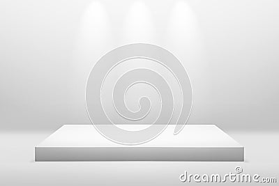 White podium stand for showing or presentation concept on modern room background with illuminate light. Empty counter shelf and Stock Photo