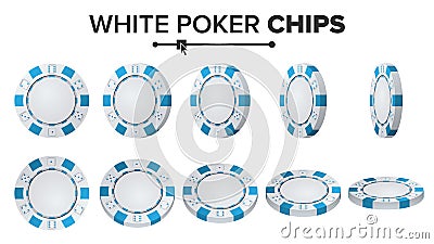 White Poker Chips Vector. 3D Set. Plastic Round Poker Chips Sign On White. Flip Different Angles. Jackpot Vector Illustration