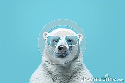 White polar bear in sunglasses against a stylish blue backdrop Stock Photo