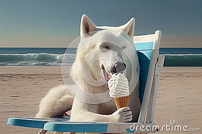 A white polar wolf eats ice cream on the beach. Generate Ai. Stock Photo