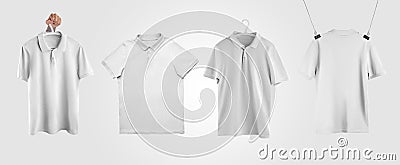 White polo mockup on hanger in hand, rope, beautifully folded with folds, front, back view, isolated on background Stock Photo