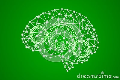 White polygonal plexus human brain with green gears Vector Illustration