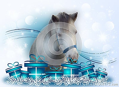 White pony with christmas gifts Stock Photo