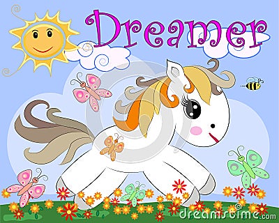 White pony in a clearing with flowers, rainbow, sun. Child illustration, fairy-tale character, dreamer Cartoon Illustration