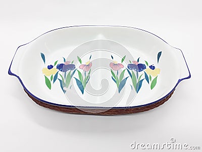 White Porcelain with Floral Pattern Tray for Fruit and Food Kitchen Decorations in white isolated background 05 Stock Photo