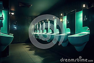 White porcelain urinals in line in men's toilet of an restaurant. Generative AI Stock Photo