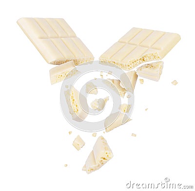 White porous chocolate broken into pieces in the air Stock Photo