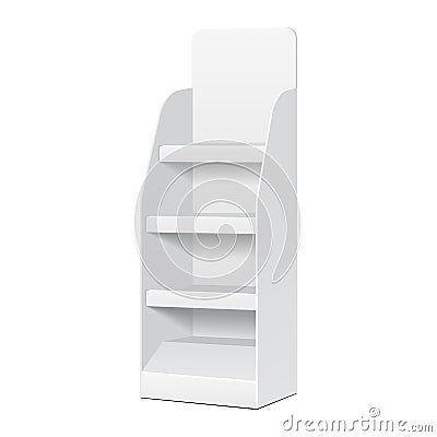 White POS POI Cardboard Blank Empty Displays With Shelves Products On White Background Isolated. Vector Illustration