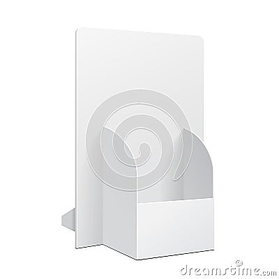 White POS POI Cardboard Blank Empty Show Box Holder For Advertising Fliers, Leaflets Or Products On White Background . Vector Illustration